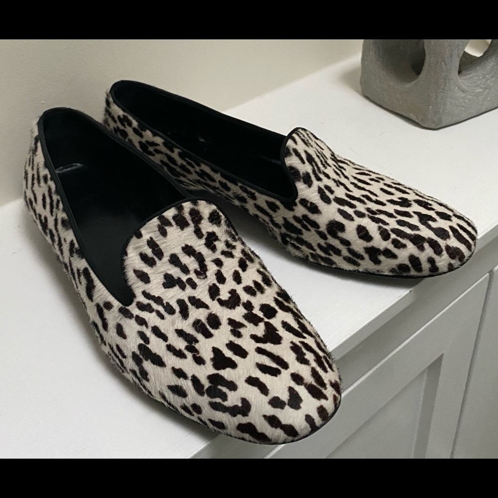 Yves Saint Laurent Leopard Haircalf Slip-On Flats in Cream and Black